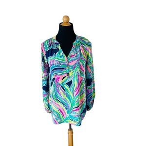 Lilly Pulitzer Elsa Top 100% Silk Long Sleeve Split Neck Blouse Blue Siz…